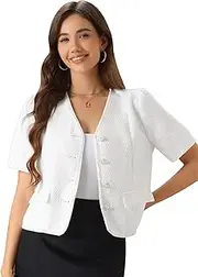 [Allegra K] Tweed Collarless Blazer for Women's Work Office Cropped V Neck Short Sleeve Jacket