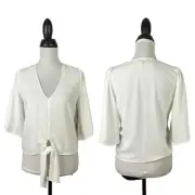 1.State NWT Small White Flounce Sleeve V-Neck Tie Front Cropped Top Blouse