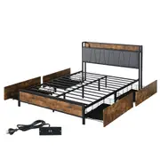 Levede Metal Bed Frame Industrial Queen Storage Drawer Headboard Wood USB Charge