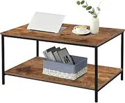 [SENIG] Small Brown Rectangle Wood and Metal Coffee Table with Storage Shelf for Small Living Rooms