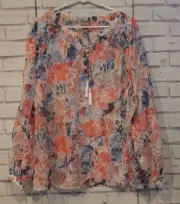 Chico's Women's Size 4 Sheer Blouse Orange Blue Floral Tie Front Tassels NWT