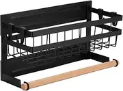 Fridge Organizer, Magnetic Rack for Refrigerator with Hook Paper Towel Holder Rustproof Jars Rack Multi Use Refrigerator Side Shelf Black