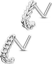 [CM Crareesi Mania] 2PCS Nose Studs Pack 316L Stainless Steel Chain Nose Piercing Jewelry 20G L-Shaped Stainless Steel Nose Rings Studs for Women, Metal, cubic zirconia