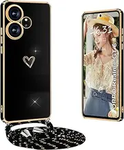 Yutwo Mobile Phone Chain Oppo Realme GT 6 5G Case with Strap, Mobile Phone Case for Oppo Realme GT 6 5G with Strap, Shockproof Case with Love Heart Electroplating Cord, Protective Case for Oppo Realme