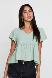 Green Peplum Top Short Sleeve Button Front - Size 8, Women's Peplum
