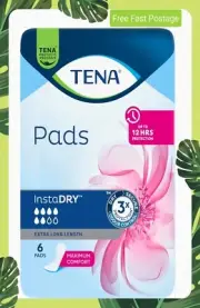 TENA Pads InstaDRY Extra Long Length, Pack of 6 FREE DELIVERY AU