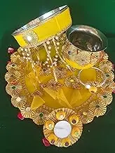 RK_Enterprises Karwachauth Thali Set of 5, Stainless Steel, Channi/Lota/Diya/Bangle, 12 inch Plate