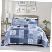 King Size Quilt - 100% Cotton Quilt Set Blue White Patchwork Plaid King Quilt