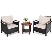 Costway 3 Piece Patio Sofa Set 2 Rattan Chairs w/2-Tier Coffee Table Acacia Wood Frame Set w/Seat&Back Cushions