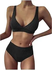 [Generic] Bathing Suit Shorts Women Plus Size Waist Set Striped Women Up Bikini Halter High Piece Two Push Swimsuit Cut Hight Swimwears Tankinis Set Womens Short Sleeve Swim Top