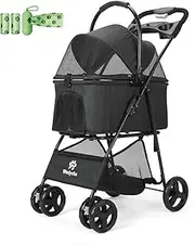 Pet Stroller, 4 Wheels Pet Strolling Cart for Medium/Small Dogs and Cats, Foldable Cat Jogger/Dog Stroller with Cup Holder, Storage Basket, Breathable Mesh, All-Season Pet Carrier (Black)