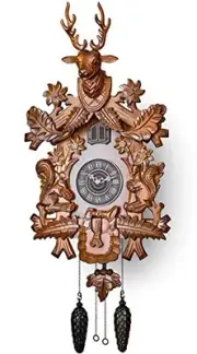Cuckoo Clock with Automatic Night Mode, Hand Carved Deer Head and Wooden