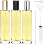 Omsscun 3Pcs Glass Perfume Spray Bottle 100ml, Empty Glass Perfume Atomiser, Small Clear Portable Perfume Refill Bottles for Travel, Holiday, Gifts (Gold, Silver and Black Caps)