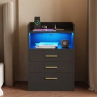 Bedside Table RGB LED Nightstand Charging Station 3 Drawers Cabinet Black