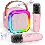 Portable Karaoke Machine for Kids & Adults, Bluetooth Mini Singing Microphone with 2 Wireless Mics & LED Light Show, Compatible with All Smartphones, Perfect for Birthdays, Home Parties（Pink）