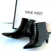 Nine West Black Patent Leather Ankle Boots Kitten Heels Studs Pointed Toe, 5M