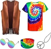 ATAMET Hippie Costume for Men 60s 70s Fringe Vest Colorful T-shirt Set Carnival Party Tassel Vest Hippy Halloween Costume