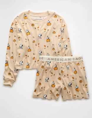 American Eagle AE Peanuts Fall Pumpkin Snoopy Plush Pajama Set Size Small
