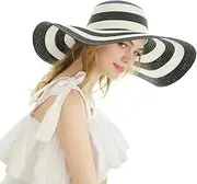 [Bamboopack] Womens Sun Straw Hat Wide Brim Sun Protection Straw Hat Folable Roll Up Floppy Beach Sun Hat Cap UPF 50+(Classic Black and White Stripes)