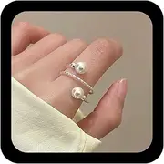 [Cybche] Vintage Pearl Wrap Open Ring Silver Tiny Pearl Finger Ring Adjustable Ankle Stacking Rings Jewellery for Women, Zinc