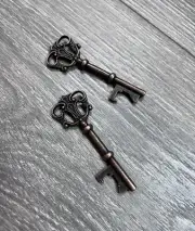Skeleton Key Bottle Opener Keychain Metal Beer Bar Bronze 3" Antique LOT OF 2