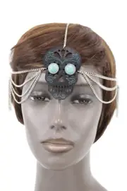 Women Silver Metal Head Chain Black Skeleton Skull Halloween Mask Long Fringes