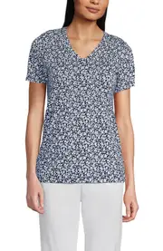 Lands' End Relaxed Supima Cotton V-Neck T-Shirt in Deep Sea Navy Blossoms at Nordstrom, Size Medium