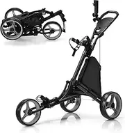 Costway 3 Wheel Golf Push Cart, Quick Folding Golf Cart, Golf Bag Holder w/Tin Foil Coated Storage Bag, Elastic Strap, Adjustable Umbrella & Cup Holder, Scoreboard Storage & Foot Brake