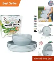 Reusable Wheat Straw Plates and Bowls Set - 8 Unbreakable Dishes - Glacier Blue