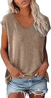 [Generic] Summer Tops Baggy Summer T Shirts Beach Vacation Plus Size Fashion Tops for Women, Khaki, Small