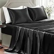 Satin Sheets King Size - 4 Pieces Luxury Silky Soft Bed Sheets, Wrinkle-Free Black Satin Silk Sheet Set with 1 Deep Pocket Fitted Sheet, 1 Flat Sheet, 2 Pillow Cases