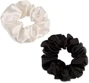 Satin Hair Scrunchies for Women, Silk Hair Bobbles Made of Mulberry Silk, Cute Satin Hair Scrunchies for Styling, Scrunchies for Hair without Hair Breakage (White + Black, 2)