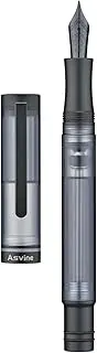 Asvine V200 Titanium Fountain Pen Vacuum Filling, Matte Black Bock Medium Nib Transparent Acrylic Smooth Writing Pen Case Set