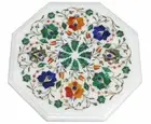 18" Floral Inlay Semi Precious Stone Work White Corner Side Marble Table Top