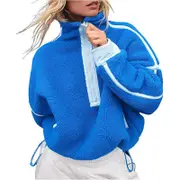 Nevenka Womens Fleece Sweatshirts Half Zip Workout Crop Tops with Pockets-Blue