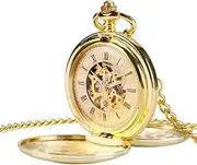 [QRDYL] Pocket Watch,Smooth Mechanical Pocket Watch Full Luxury Gold Color Men Women Stylish Retro Hand Wind Double Hunter,Golden