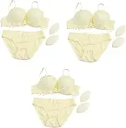 [WOFASHPURET] 3pcs Set Push up Floral Sheer Bras for Ladies Briefs Suits Yellow