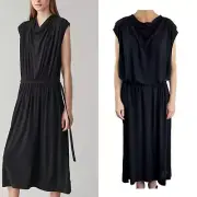 COS Size L 14 16 Navy Blue Cowl Neck Drawstring Waist Cotton Knit Dress NWT