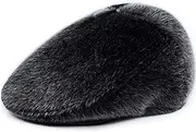 [YWINETO] Mens Faux Fur Newsboy Hats Caps Beret Hat Winter Bomber Hats Furry Driving Earflap Hunting Hat Cabbie Flat Cap Beanie Sports Cycling Ski Snow Caps Thermal Cold Weather Dad Hats Golf Hunter Visor Hat, Black, L-XL