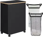 efluky Double Laundry Hamper with Wheels, Divided Laundry Hamper with Removable Bags, 2 Section Dirty Clothes Basket with Handles for Bathroom, Bedroom & Laundry Room, 160L Black