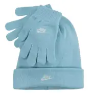 Girls Nike Logo 2 Pc Midweight Cuffed Beanie Hat & Glove Set Copa Blue NWT OSFM