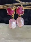 Genuine Ruby 3 Carats And Pink Baroque Pearl Drop Down Earrings In Gold Plated