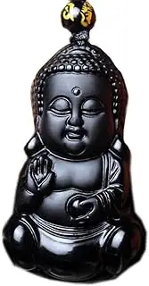 [JHBTANADFEL] Chinese Jadeite Necklace， Handwork Natural Obsidian Carved Buddha Amulet Lucky Pendant Necklace Fashion Jewelry