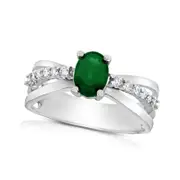 Oval Emerald and 0.20 CT. T.W. Natural Diamond Triple Row Split Shank Ring in Solid 14K White Gold