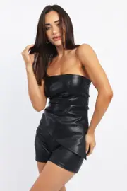 Black PU Bandeau Top Gathered Slight Stretch - Size 12M, Women's Top