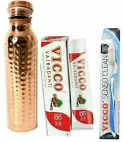 Vicco Tooth Paste Senso Clean Tooth Brush Hammered Copper Water Bottle Combo Set