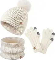 [Lifup] Children's Boys Girls Beanie Hat Scarf and Gloves Set with Fleece Lined for 5-12 Years, Winter Hat with Bobble Knitted Hat Tube Scarf Winter Gloves Set