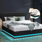 Oikiture Bed Frame Double Bed Frame LED Mattress Base with Gas Lift and Storage Space Black