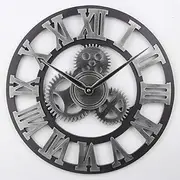[Timelike] Large 3D Retro Wall Clock, Silent Non-Ticking Wooden Gear Wall Clock Rustic Vintage Quartz Clocks for Home Living Room Decoration (Silver-Roman Numbers, 18 Inch)