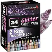ArtShip Design 24 Glitter Paint Pens, Double Pack of Both Extra Fine and Medium Tip Paint Markers, for Rock Painting, Mug, Ceramic, Glass, and Fabric Painting, Water Based Non-Toxic and No Odor
